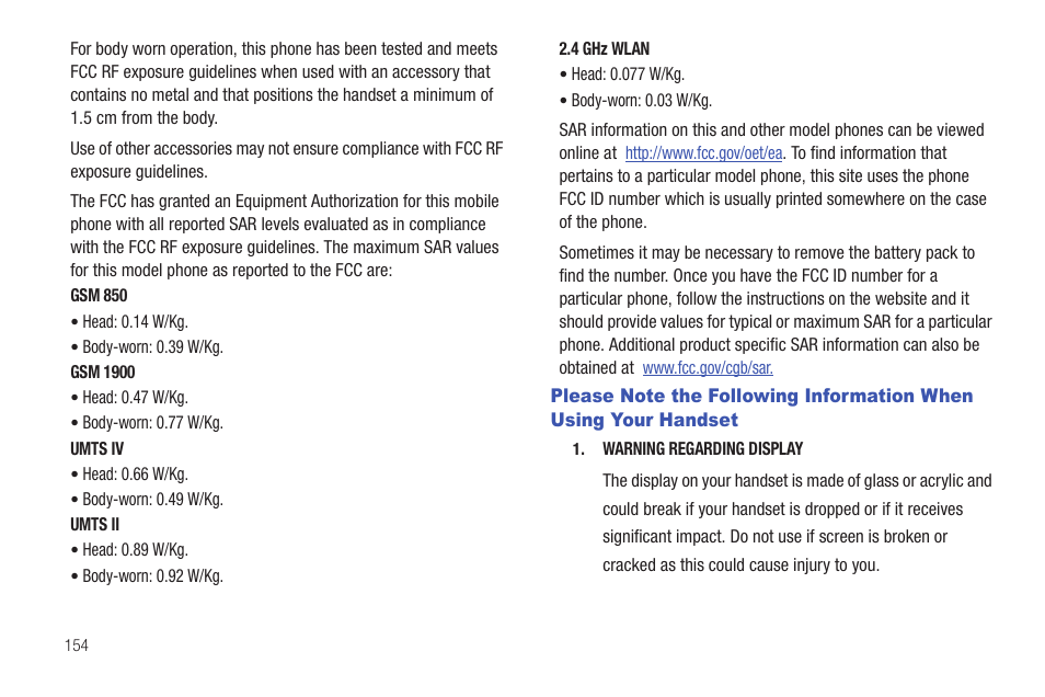 Please note the following information when using, Your handset | Samsung Vibrant SGH-t959 User Manual | Page 158 / 193