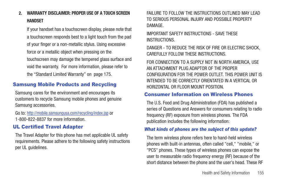 Samsung mobile products and recycling, Ul certified travel adapter, Consumer information on wireless phones | Samsung Vibrant SGH-t959 User Manual | Page 159 / 193