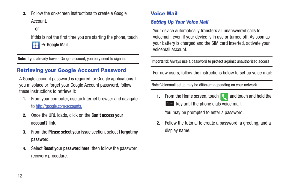 Retrieving your google account password, Voice mail, Retrieving your google account password voice mail | Samsung Vibrant SGH-t959 User Manual | Page 16 / 193