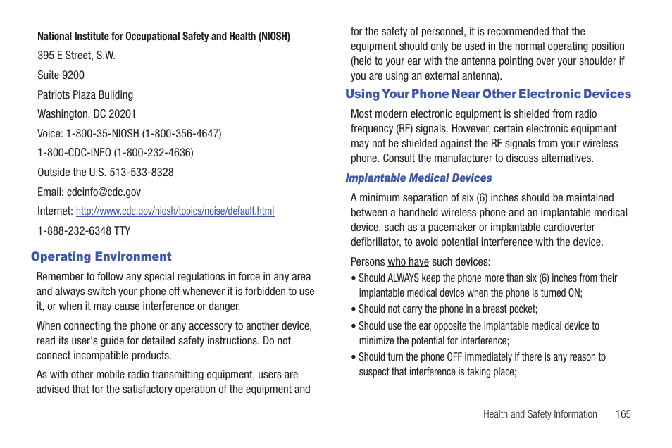 Operating environment, Using your phone near other electronic devices | Samsung Vibrant SGH-t959 User Manual | Page 169 / 193