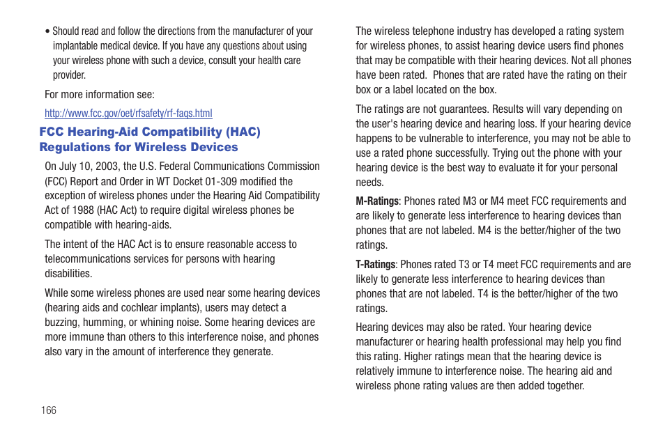 Fcc hearing-aid compatibility (hac) regulations, For wireless devices | Samsung Vibrant SGH-t959 User Manual | Page 170 / 193