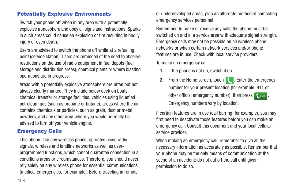 Potentially explosive environments, Emergency calls, Potentially explosive environments emergency calls | Samsung Vibrant SGH-t959 User Manual | Page 172 / 193