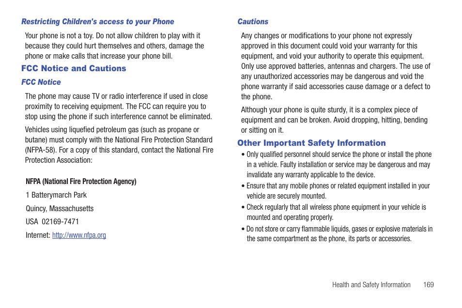 Fcc notice and cautions, Other important safety information | Samsung Vibrant SGH-t959 User Manual | Page 173 / 193