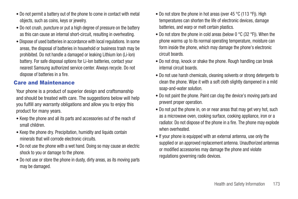 Care and maintenance | Samsung Vibrant SGH-t959 User Manual | Page 177 / 193