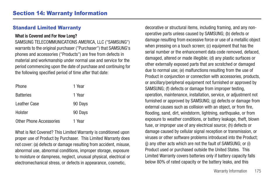 Section 14: warranty information, Standard limited warranty | Samsung Vibrant SGH-t959 User Manual | Page 179 / 193