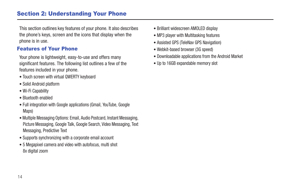 Section 2: understanding your phone, Features of your phone | Samsung Vibrant SGH-t959 User Manual | Page 18 / 193