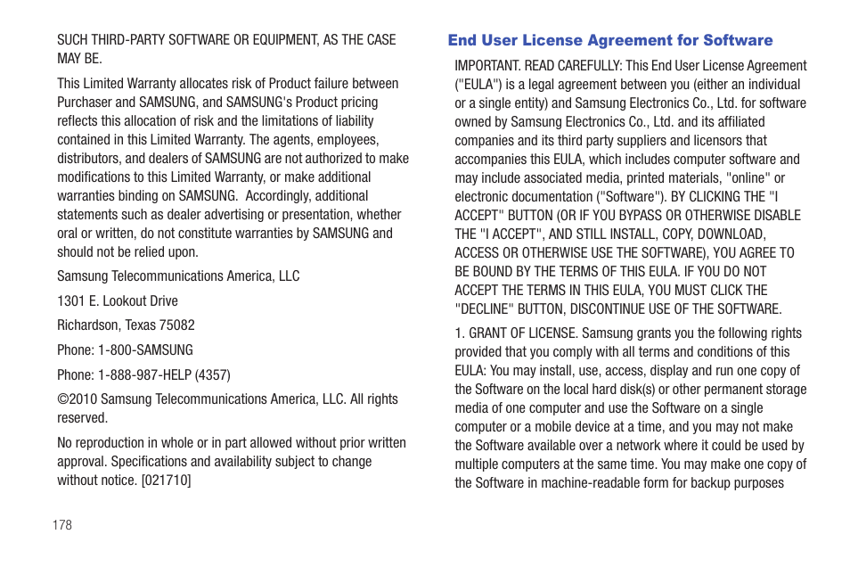 End user license agreement for software | Samsung Vibrant SGH-t959 User Manual | Page 182 / 193