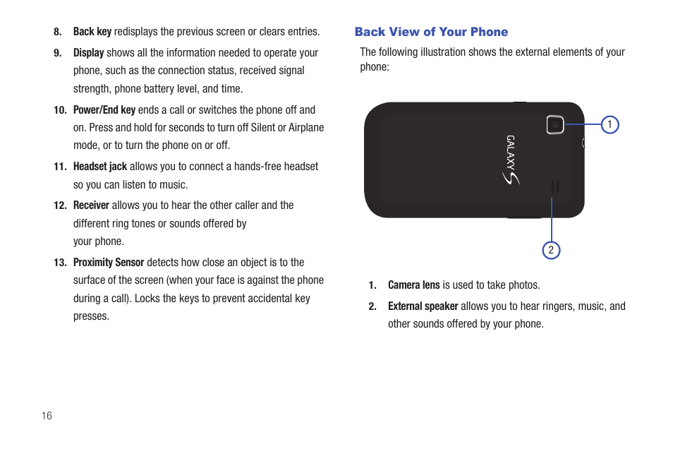 Back view of your phone | Samsung Vibrant SGH-t959 User Manual | Page 20 / 193