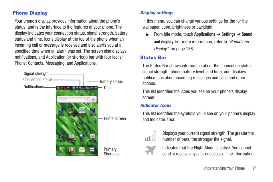 Phone display, Status bar, Phone display status bar | Samsung Vibrant SGH-t959 User Manual | Page 21 / 193