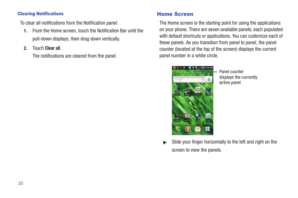 Home screen | Samsung Vibrant SGH-t959 User Manual | Page 24 / 193