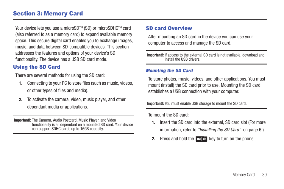 Section 3: memory card, Using the sd card, Sd card overview | Using the sd card sd card overview | Samsung Vibrant SGH-t959 User Manual | Page 43 / 193