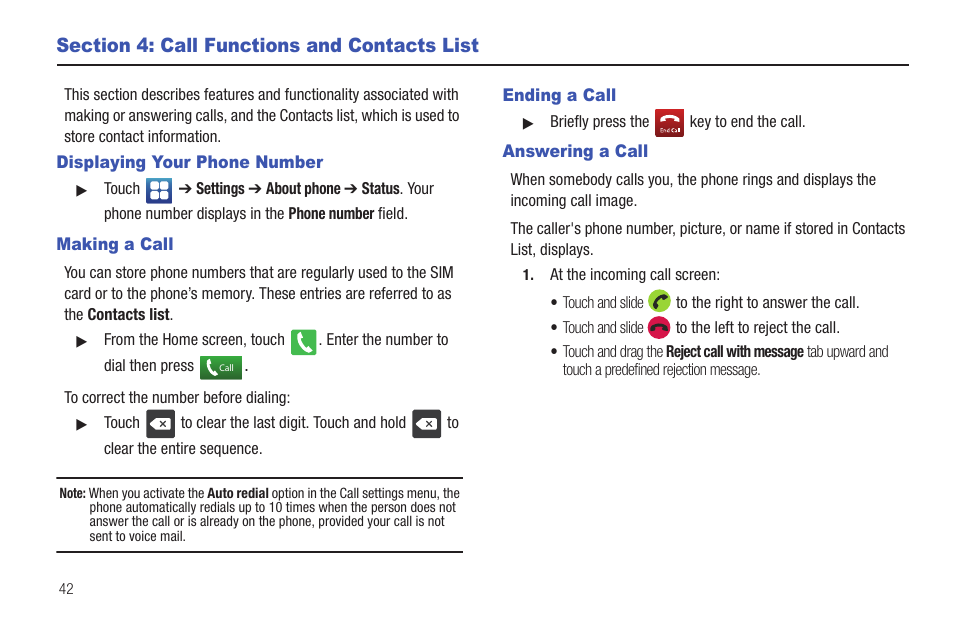 Section 4: call functions and contacts list, Displaying your phone number, Making a call | Ending a call, Answering a call | Samsung Vibrant SGH-t959 User Manual | Page 46 / 193