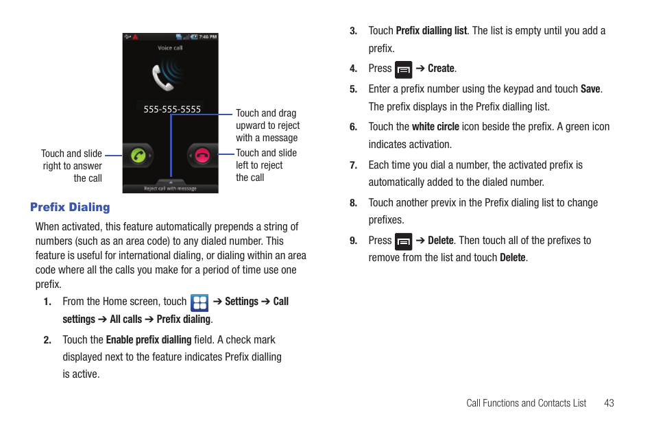 Prefix dialing | Samsung Vibrant SGH-t959 User Manual | Page 47 / 193