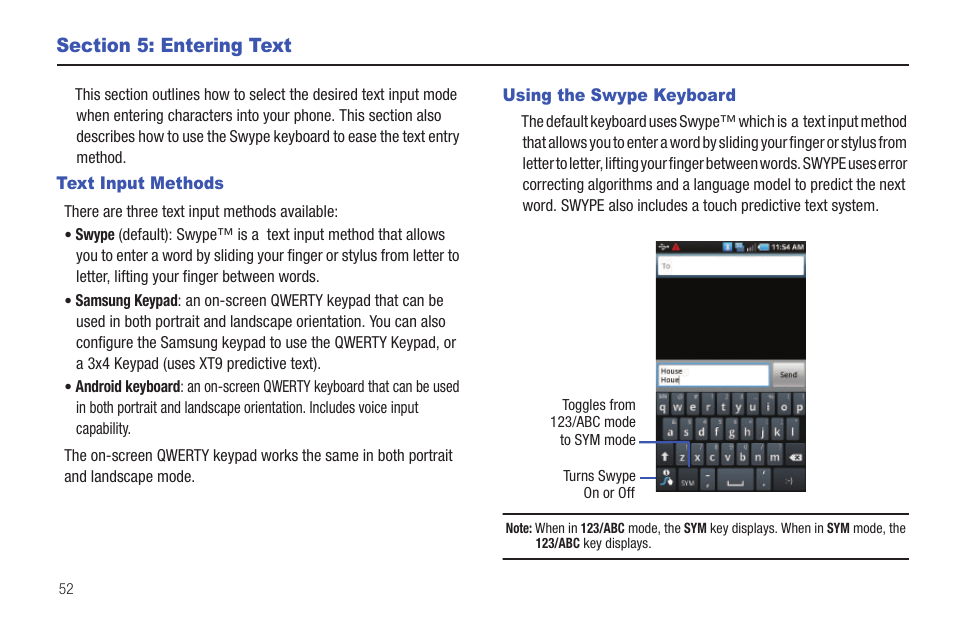 Section 5: entering text, Text input methods, Using the swype keyboard | Text input methods using the swype keyboard | Samsung Vibrant SGH-t959 User Manual | Page 56 / 193