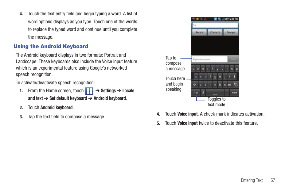 Using the android keyboard | Samsung Vibrant SGH-t959 User Manual | Page 61 / 193