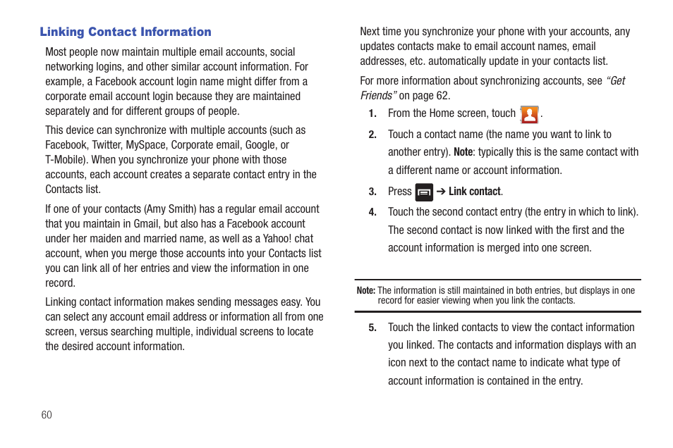 Linking contact information | Samsung Vibrant SGH-t959 User Manual | Page 64 / 193