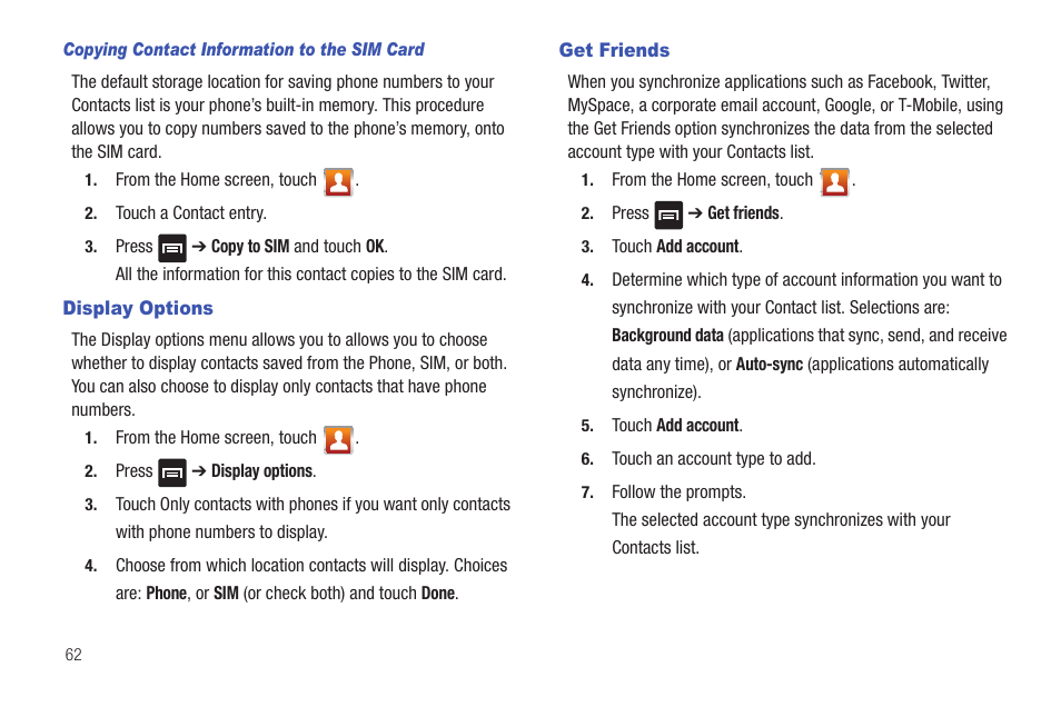 Display options, Get friends, Display options get friends | Samsung Vibrant SGH-t959 User Manual | Page 66 / 193
