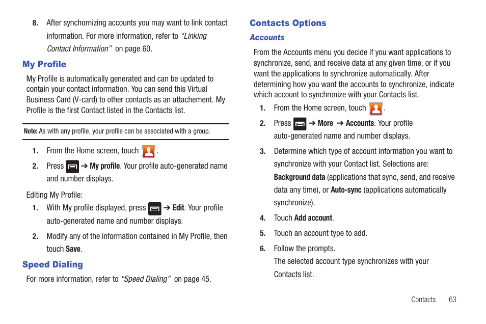 My profile, Speed dialing, Contacts options | My profile speed dialing | Samsung Vibrant SGH-t959 User Manual | Page 67 / 193