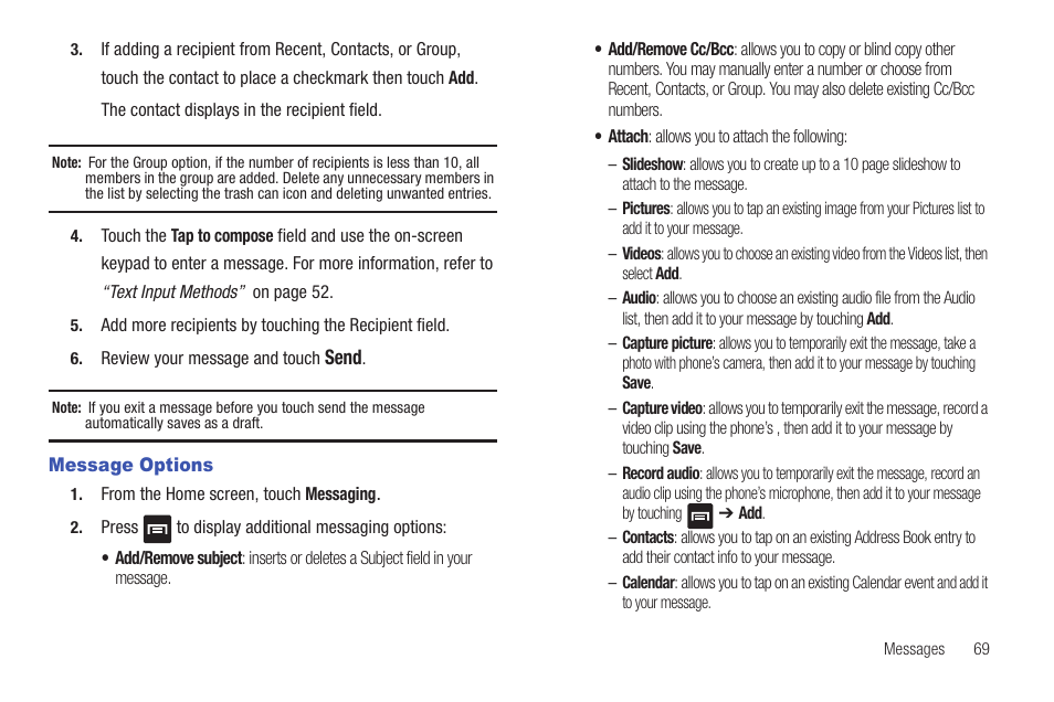 Message options | Samsung Vibrant SGH-t959 User Manual | Page 73 / 193