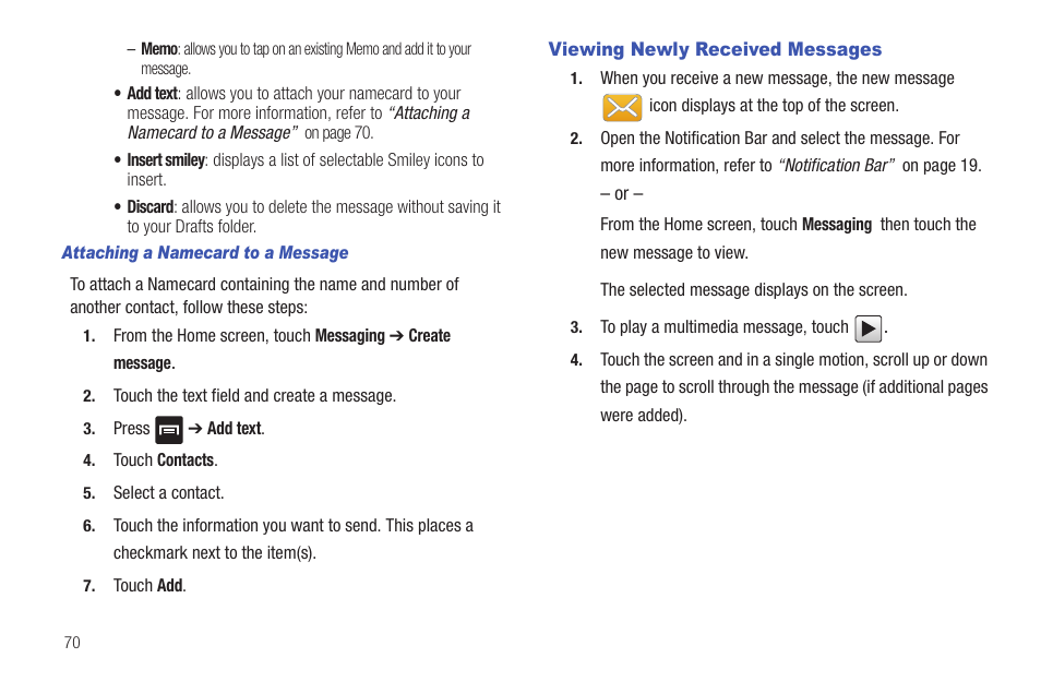 Viewing newly received messages | Samsung Vibrant SGH-t959 User Manual | Page 74 / 193