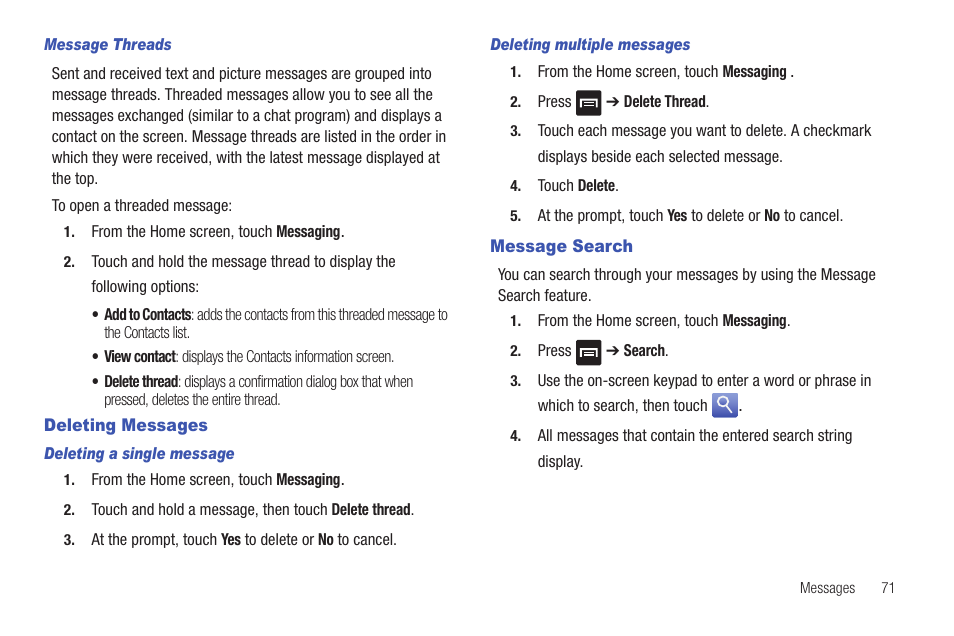 Deleting messages, Message search, Deleting messages message search | Samsung Vibrant SGH-t959 User Manual | Page 75 / 193