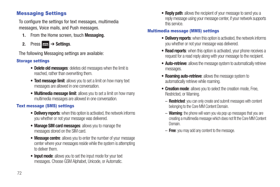 Messaging settings | Samsung Vibrant SGH-t959 User Manual | Page 76 / 193