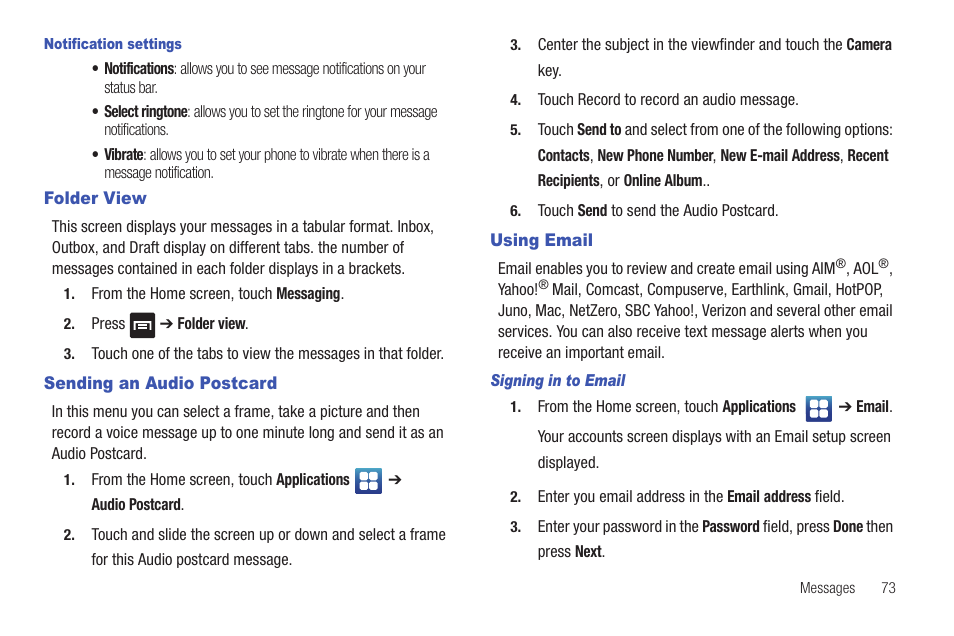 Folder view, Sending an audio postcard, Using email | Folder view sending an audio postcard using email | Samsung Vibrant SGH-t959 User Manual | Page 77 / 193