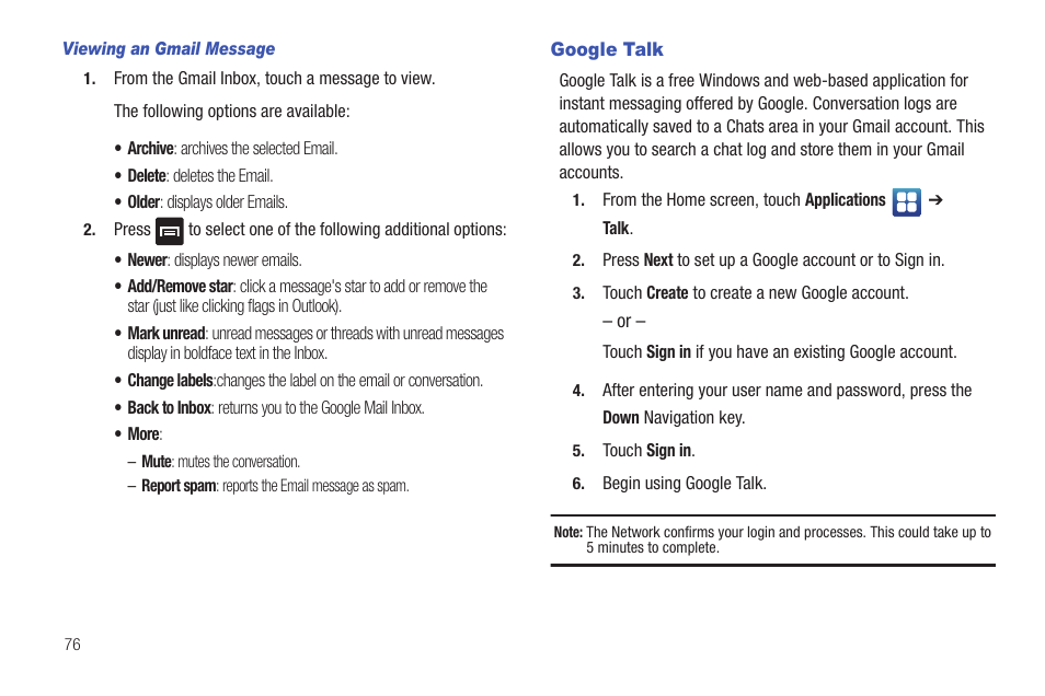 Google talk | Samsung Vibrant SGH-t959 User Manual | Page 80 / 193