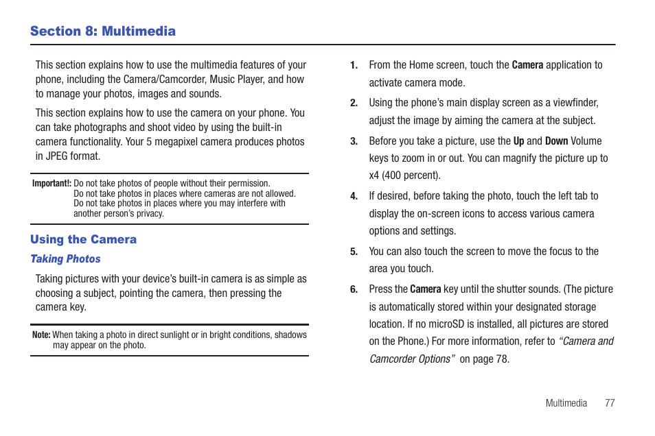 Section 8: multimedia, Using the camera | Samsung Vibrant SGH-t959 User Manual | Page 81 / 193