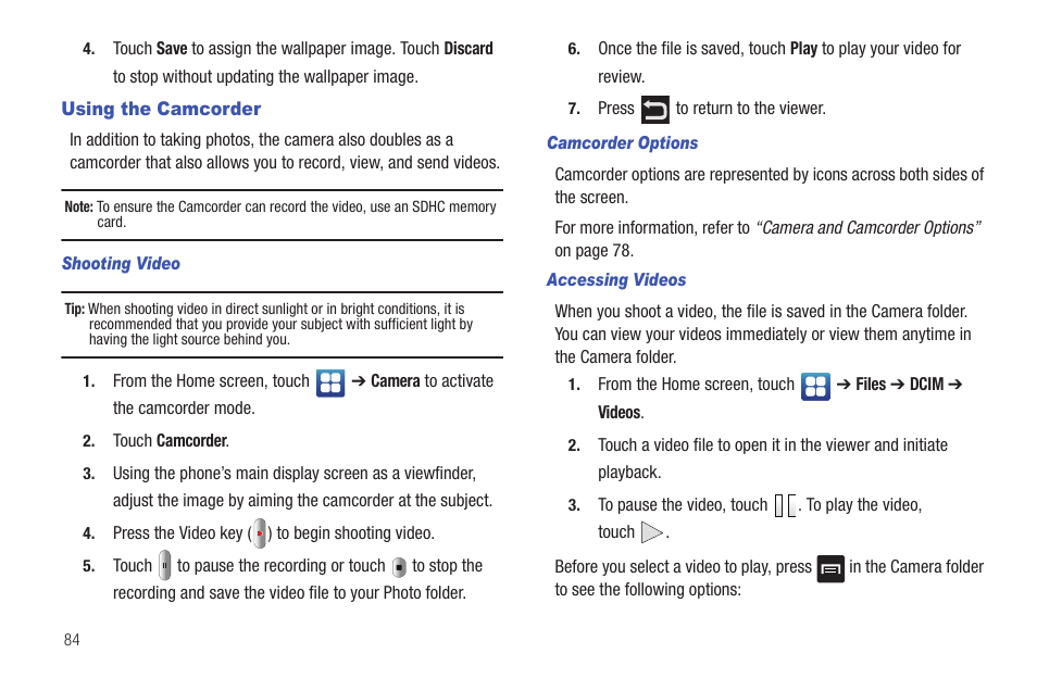 Using the camcorder | Samsung Vibrant SGH-t959 User Manual | Page 88 / 193