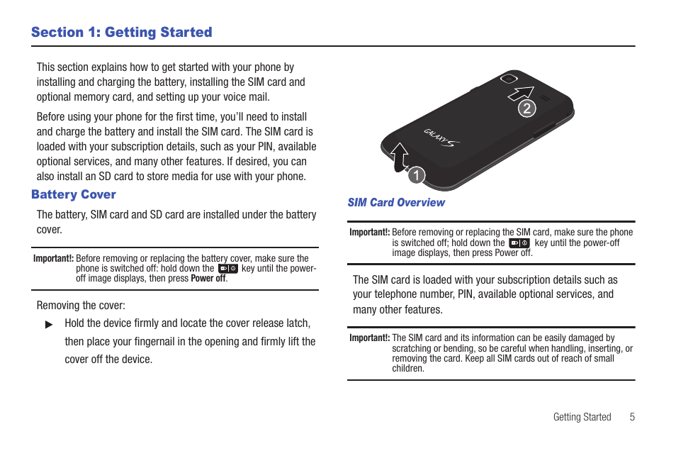 Section 1: getting started, Battery cover | Samsung Vibrant SGH-t959 User Manual | Page 9 / 193