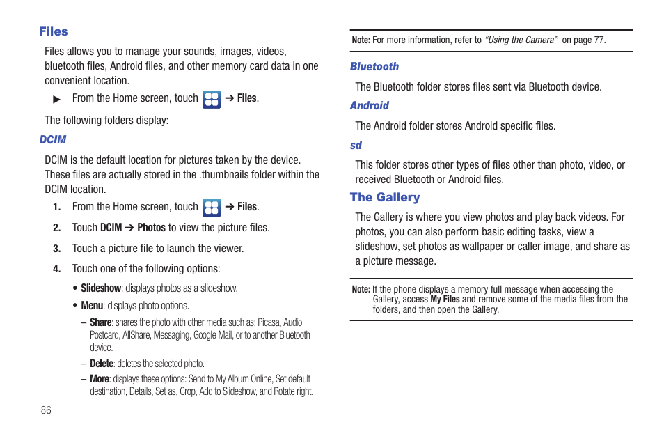 Files, The gallery, Files the gallery | Samsung Vibrant SGH-t959 User Manual | Page 90 / 193