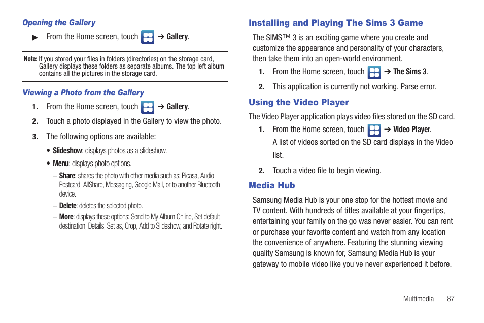 Installing and playing the sims 3 game, Using the video player, Media hub | Samsung Vibrant SGH-t959 User Manual | Page 91 / 193