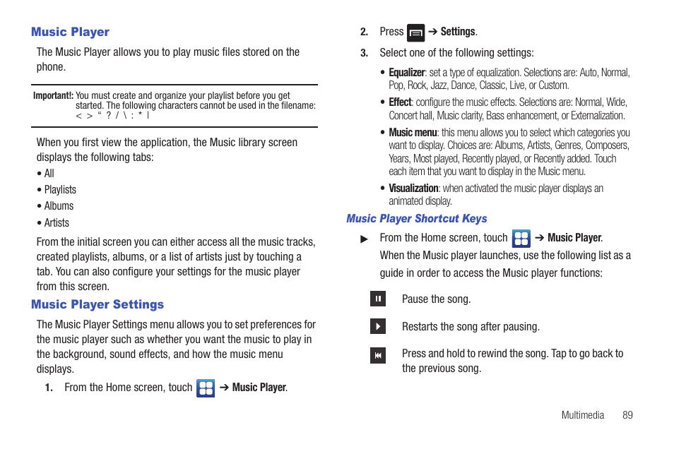 Music player, Music player settings, Music player music player settings | Samsung Vibrant SGH-t959 User Manual | Page 93 / 193