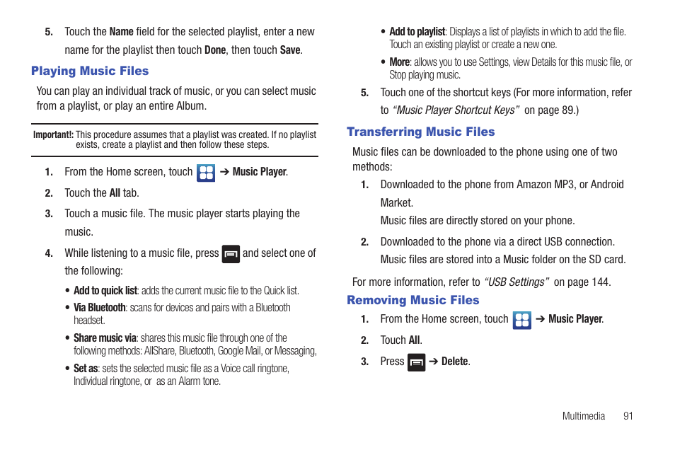 Playing music files, Transferring music files, Removing music files | Samsung Vibrant SGH-t959 User Manual | Page 95 / 193