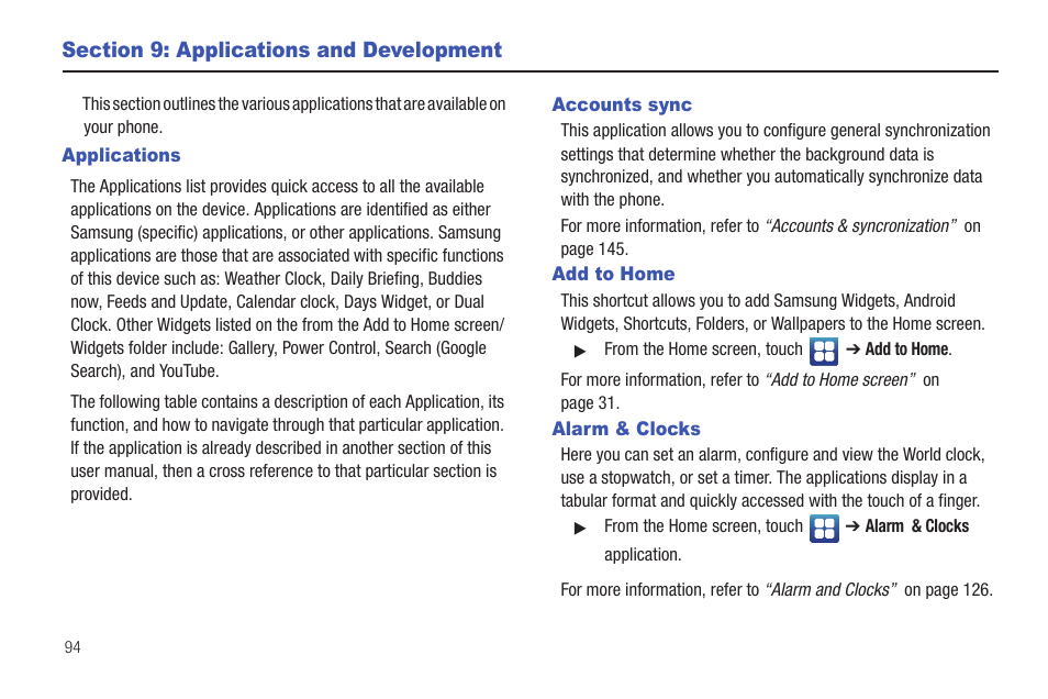 Section 9: applications and development, Applications, Accounts sync | Add to home, Alarm & clocks | Samsung Vibrant SGH-t959 User Manual | Page 98 / 193