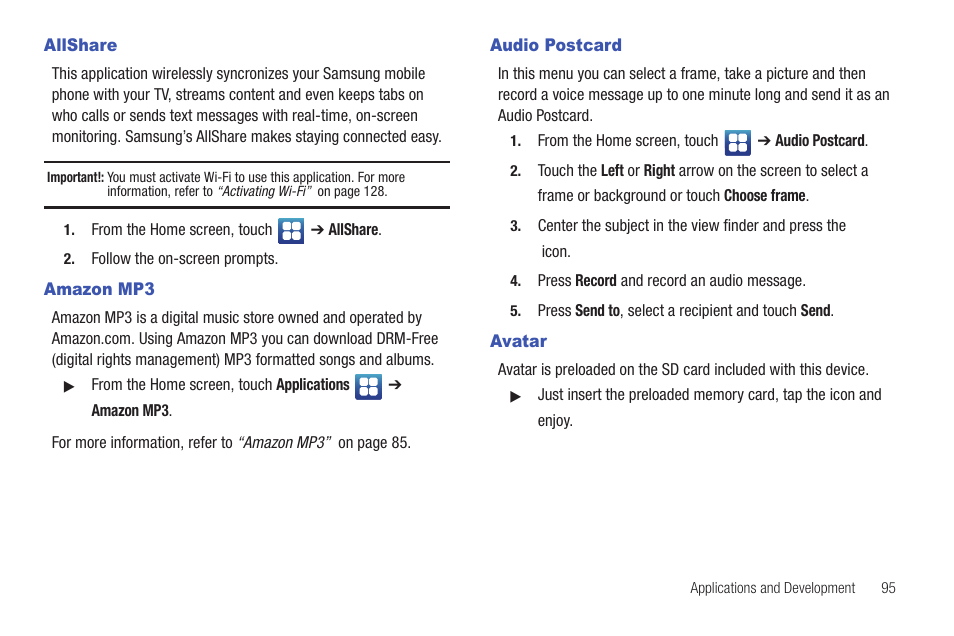 Allshare, Amazon mp3, Audio postcard | Avatar, Allshare amazon mp3 audio postcard avatar | Samsung Vibrant SGH-t959 User Manual | Page 99 / 193