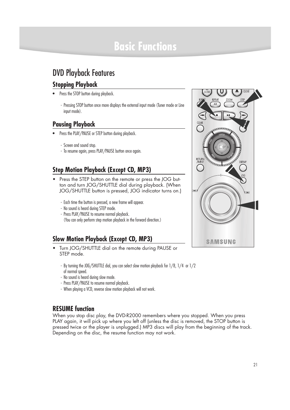 Basic functions, Dvd playback features, Stopping playback | Pausing playback, Step motion playback (except cd, mp3), Slow motion playback (except cd, mp3), Resume function | Samsung DVD-R2000 User Manual | Page 21 / 65