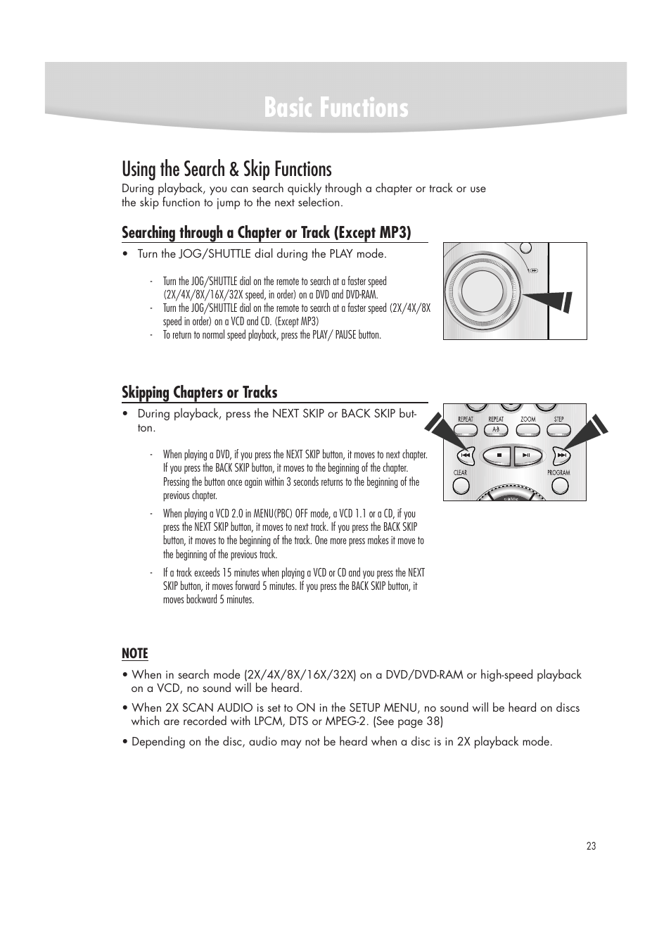 Basic functions, Using the search & skip functions, Searching through a chapter or track (except mp3) | Skipping chapters or tracks | Samsung DVD-R2000 User Manual | Page 23 / 65