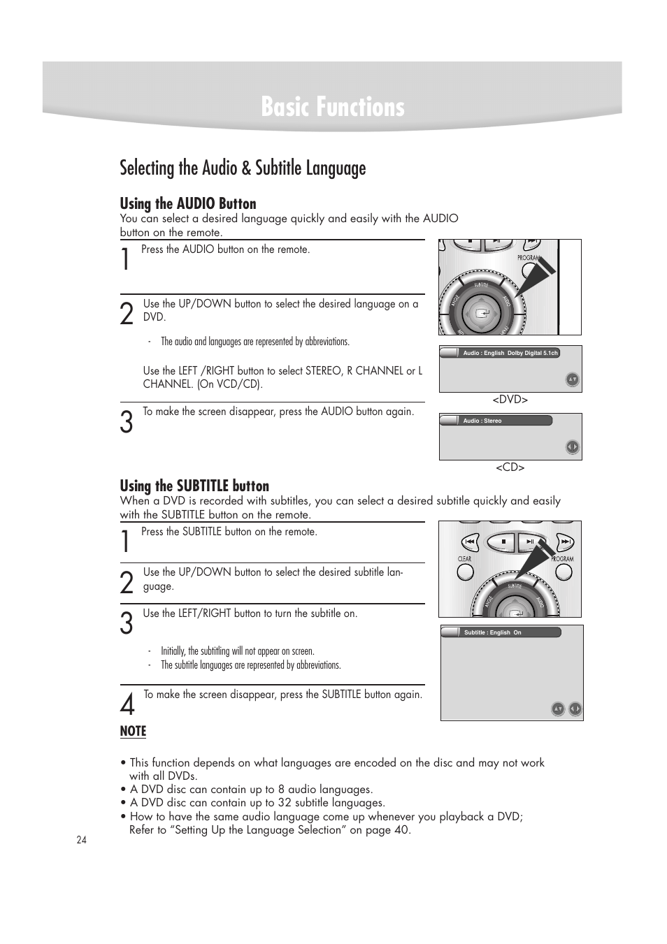 Basic functions, Selecting the audio & subtitle language | Samsung DVD-R2000 User Manual | Page 24 / 65