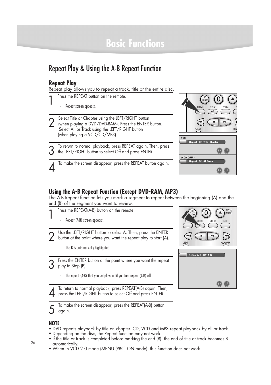 Basic functions, Repeat play & using the a-b repeat function | Samsung DVD-R2000 User Manual | Page 26 / 65