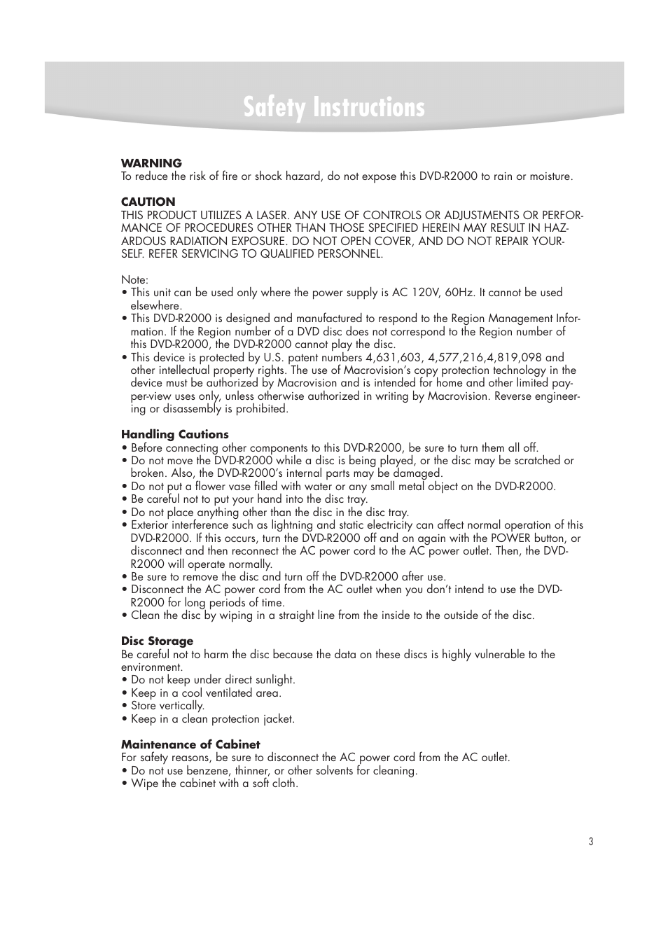 Safety instructions | Samsung DVD-R2000 User Manual | Page 3 / 65