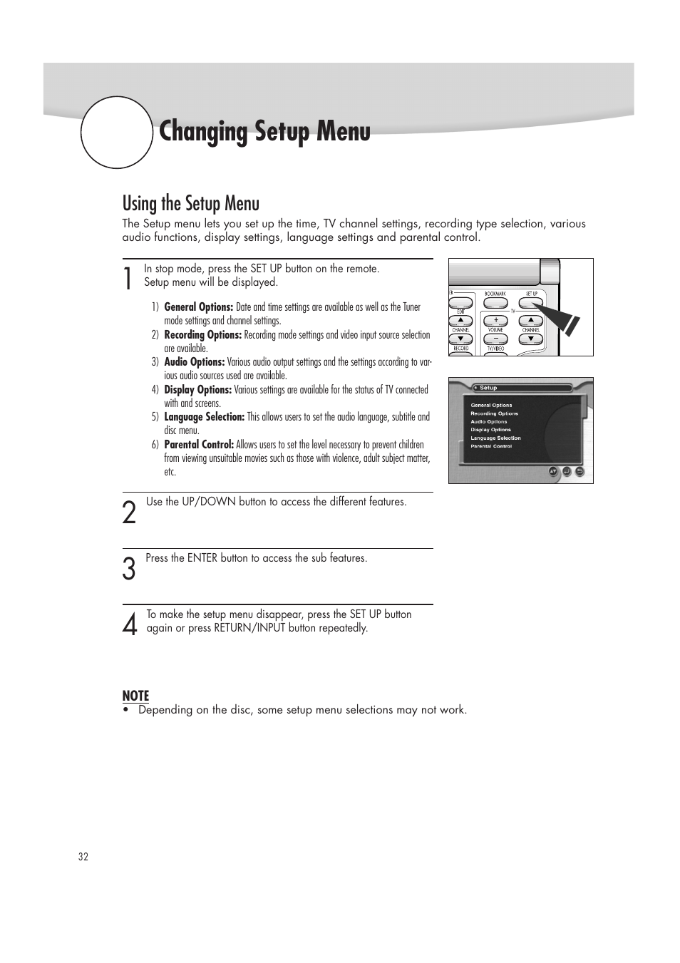 Changing setup menu, Using the setup menu | Samsung DVD-R2000 User Manual | Page 32 / 65