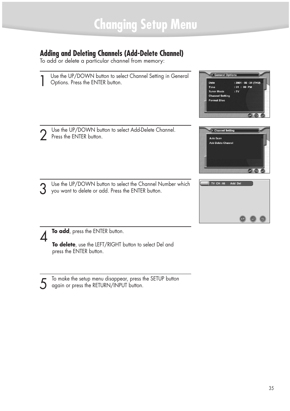 Changing setup menu | Samsung DVD-R2000 User Manual | Page 35 / 65