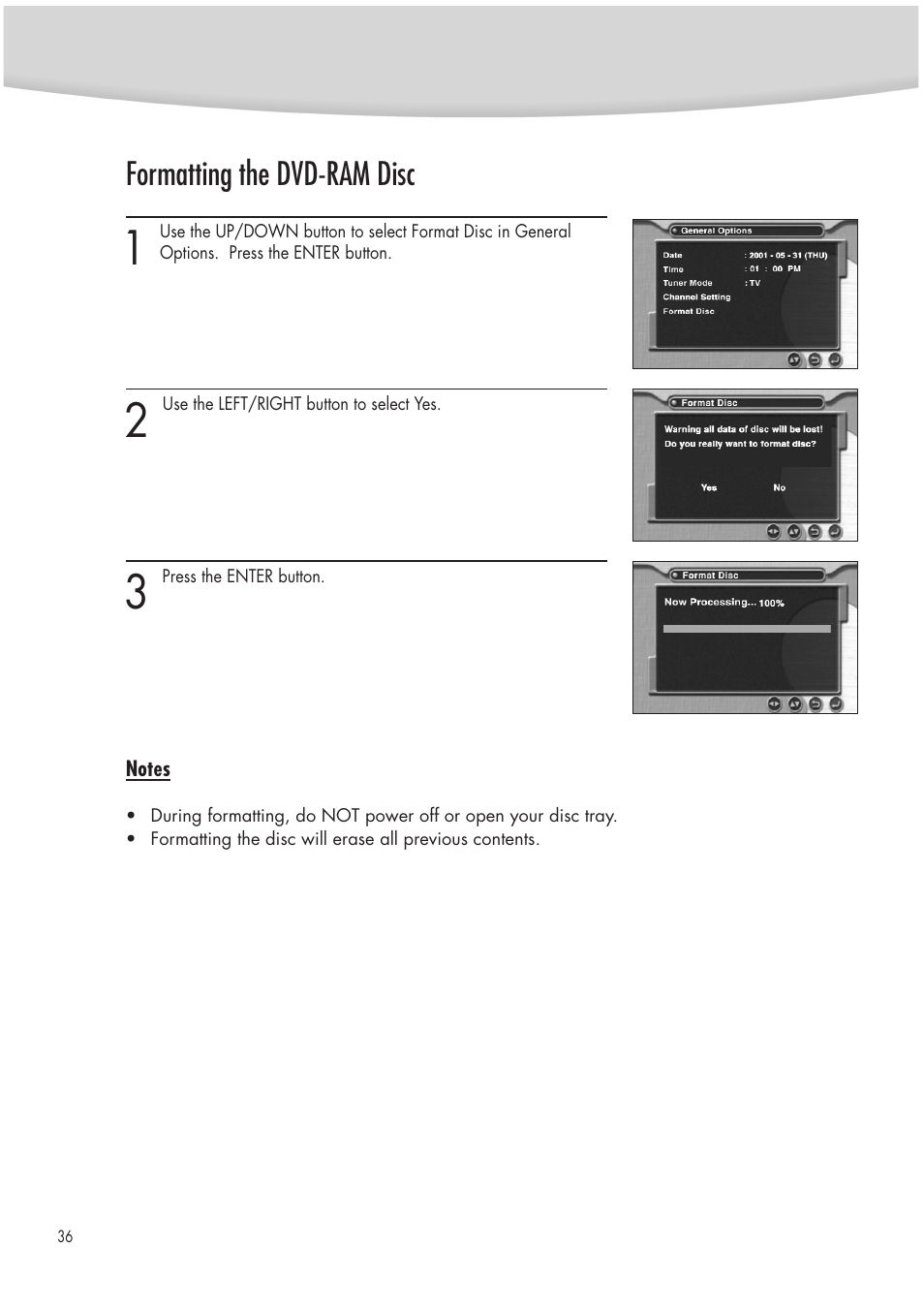 Formatting the dvd-ram disc | Samsung DVD-R2000 User Manual | Page 36 / 65