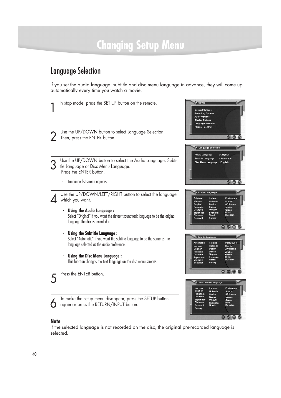 Changing setup menu, Language selection | Samsung DVD-R2000 User Manual | Page 40 / 65