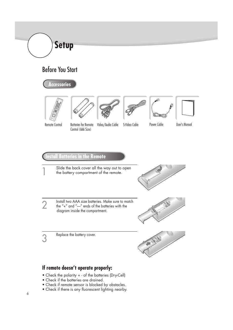 Setup, Before you start | Samsung DVD-R2000 User Manual | Page 6 / 65