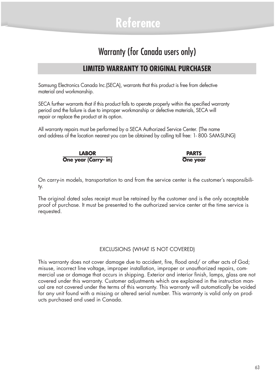 Reference, Warranty (for canada users only), Limited warranty to original purchaser | Samsung DVD-R2000 User Manual | Page 63 / 65