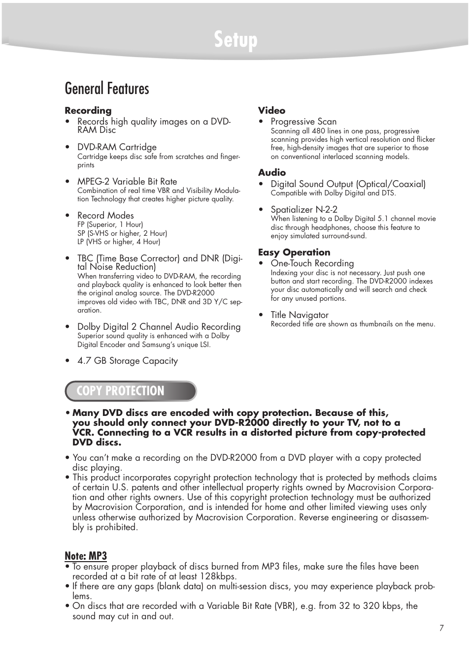 Setup, General features, Copy protection | Samsung DVD-R2000 User Manual | Page 7 / 65