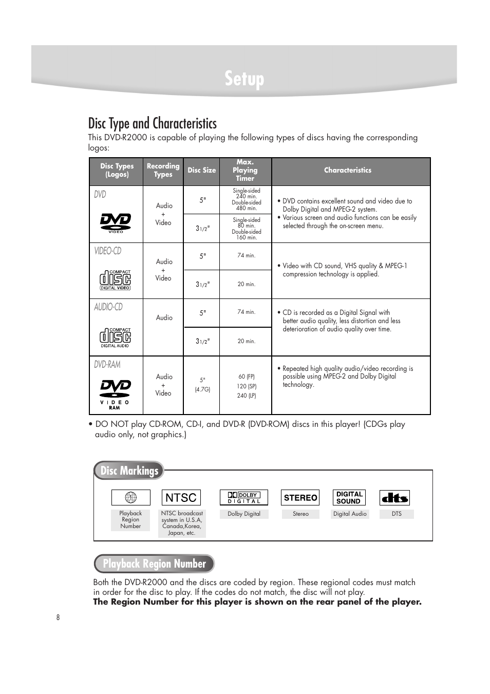 Setup, Disc type and characteristics, Disc markings playback region number | Dvd video-cd audio-cd dvd-ram | Samsung DVD-R2000 User Manual | Page 8 / 65